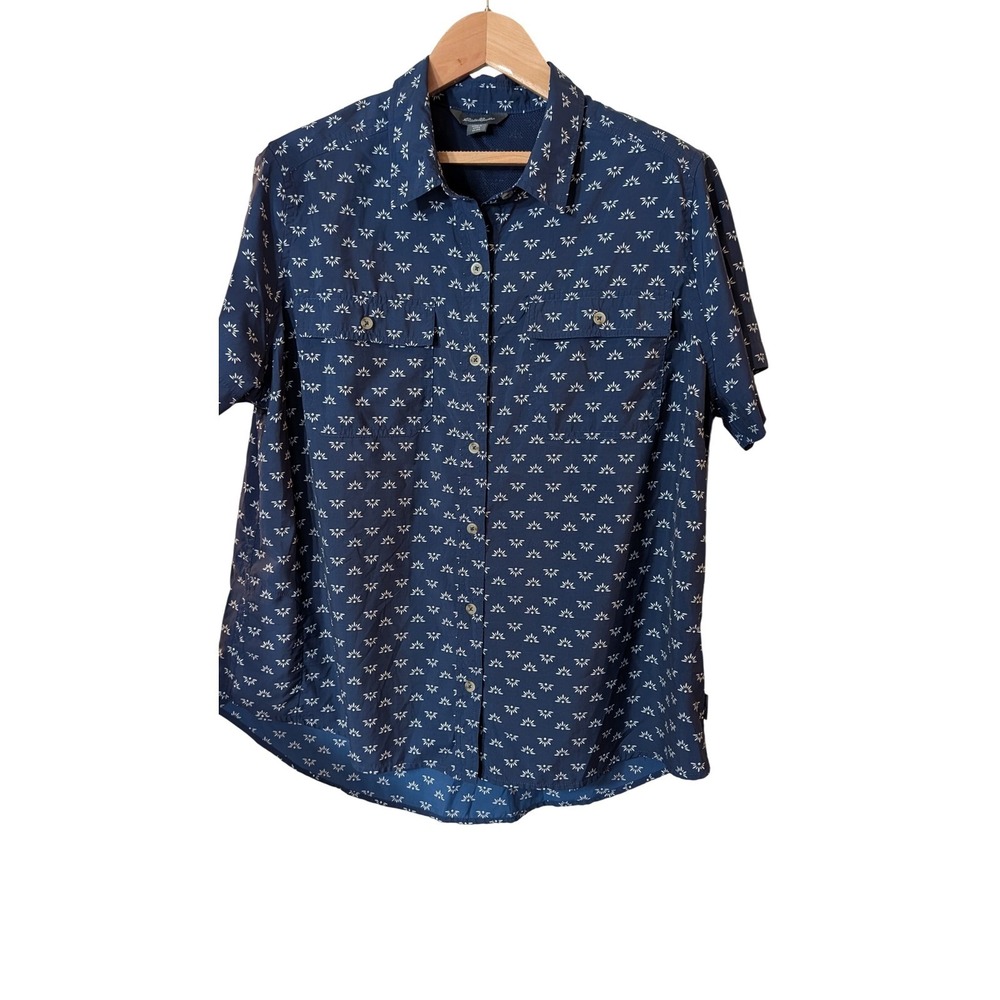Eddie Bauer Womens XL Navy Blue Geometric Print Short Sleeve Button Down Shirt